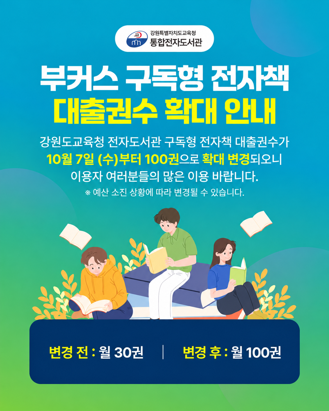 부커스 구독형 전자책 대출권수 확대 안내
강원도교육청 전자도서관 구독형 전자책 대출권수가
 10월7일 (수) 부터 100권으로 확대 변경되오니
 이용자 여러분 많은 이용 바랍니다.
*예산 소진 상황에 따라 변경될 수 있습니다.
변경전 : 월 30권 | 변경 후: 월 100권
